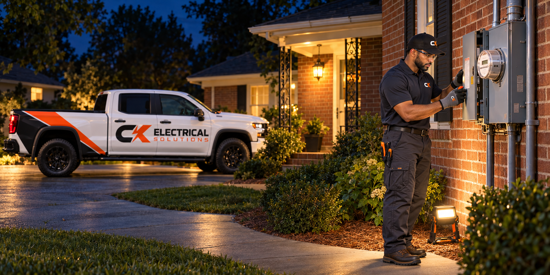 AI illustration of a CK technician inspecting an exterior service panel at a brick home at night, with the company pickup in the driveway