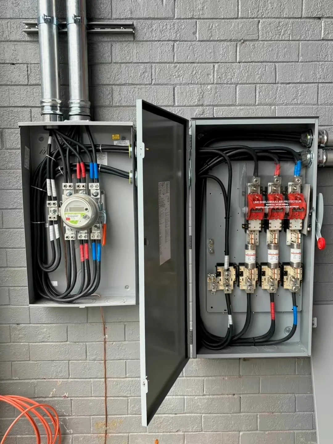 Electrical service equipment and routed wiring