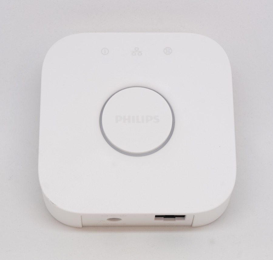 White Philips Hue Bridge photographed in 2018